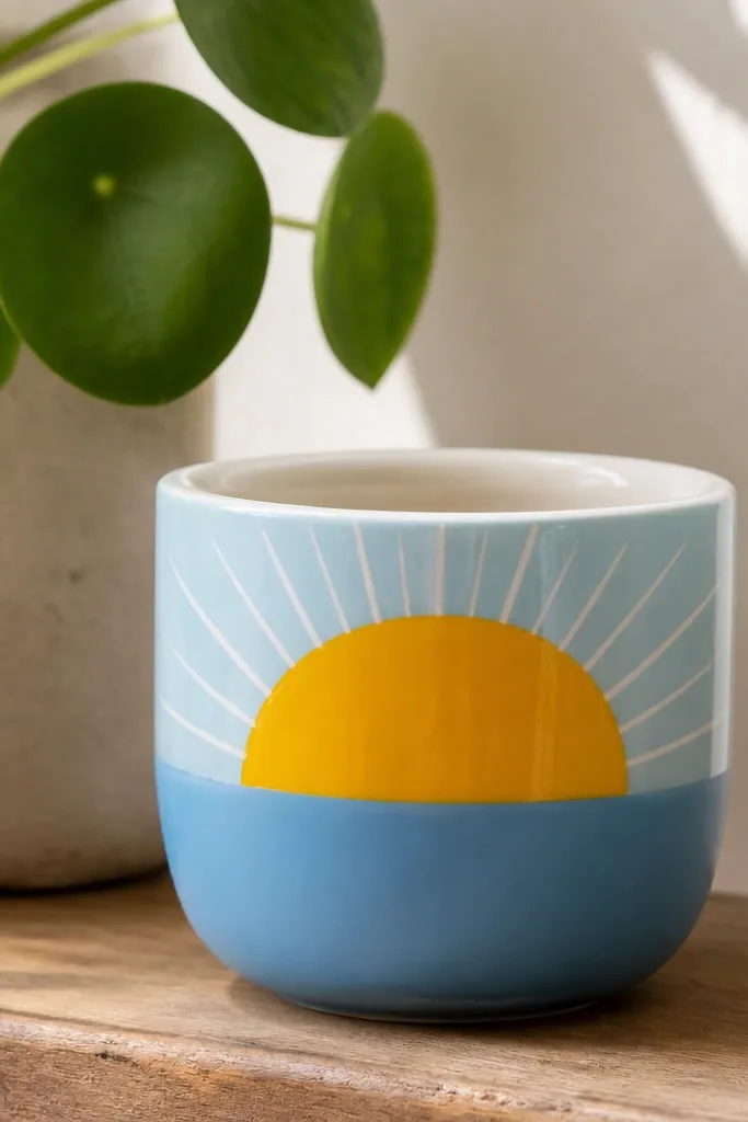 A small pot with a solid sky-blue base, then a bold half-moon in bright yellow on the upper half. Thin white rays fan outward from behind the half-moon, and the clear coat makes the yellow look glossy.