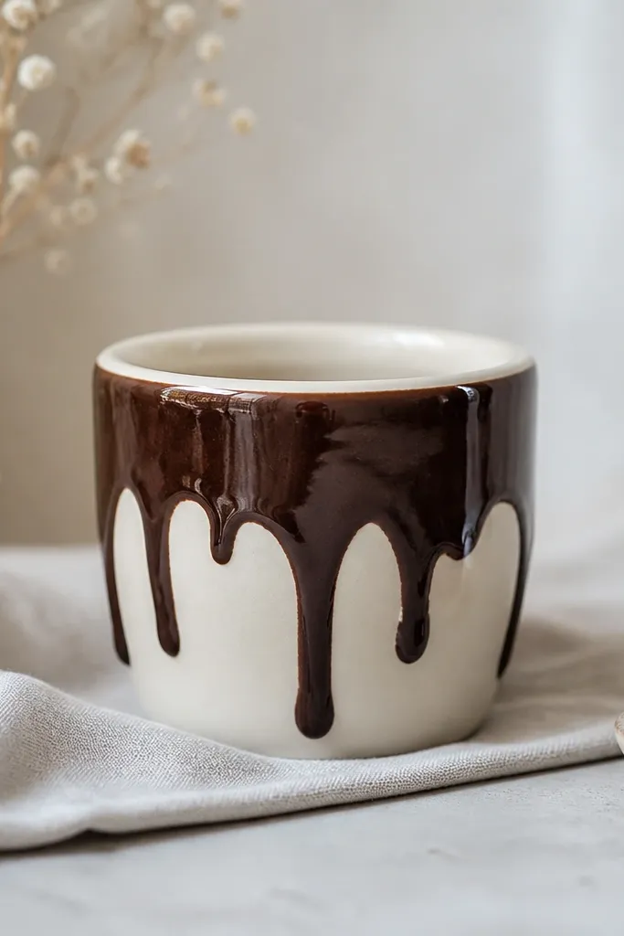 A cream mini pot with a thick dark cocoa "drip" stripe running from the top rim down in uneven lines, like a dessert. The bottom part stays clean, and the rim has a crisp cream edge under a glossy clear coat.