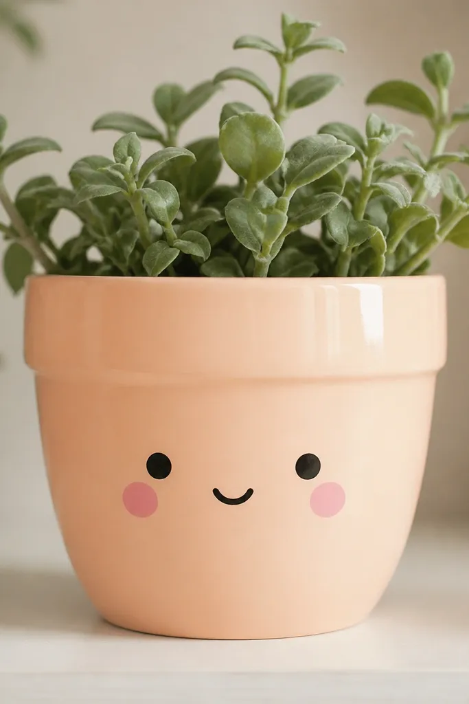 A pale peach pot with a simple face: two black dot eyes, a tiny curved smile, and soft pink blush circles on each cheek. A light cream highlight sits on the upper right, and everything looks clean and sealed.