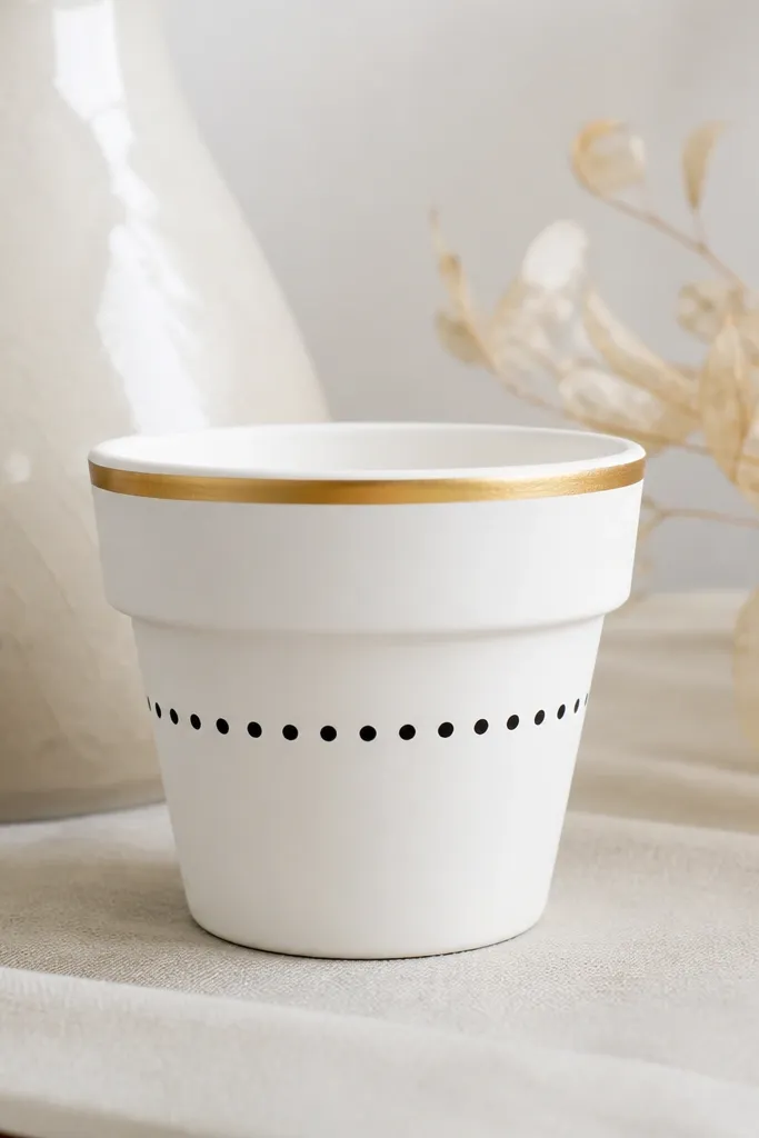 A terracotta mini pot painted matte white with a thin gold line around the top rim and a single band of small black dots across the middle. The gold looks metallic and the rest is clean and matte.