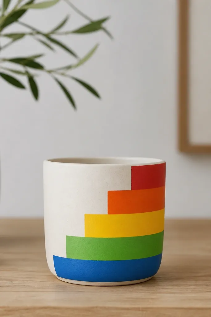 A mini pot with a cream base and a stepped pattern along one side. The steps are painted in thick horizontal blocks: bright red, orange, yellow, green, and blue, with sharp corners.