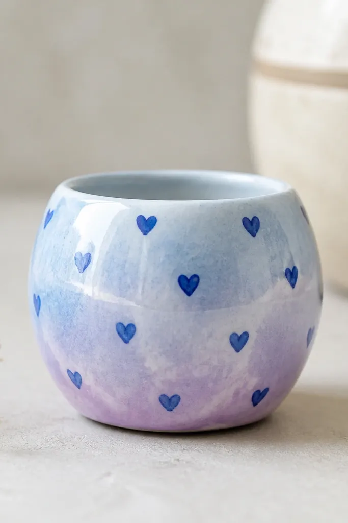 A mini pot with a soft watercolor wash from light blue to pale purple. On top are small stamped hearts in darker blue, with slightly imperfect edges that look handmade, plus a clear glossy coat.