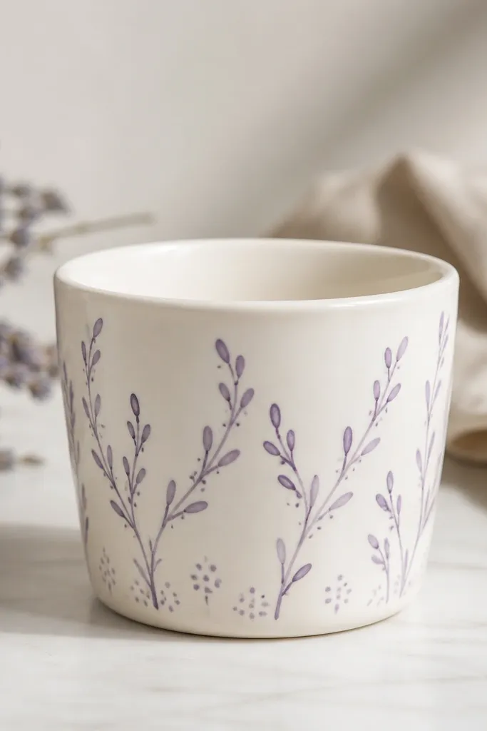 A white mini pot with thin lavender-purple sprig doodles winding around it. Each sprig has small oval buds and a few short leaf lines, plus a subtle lavender dot cluster near the bottom.