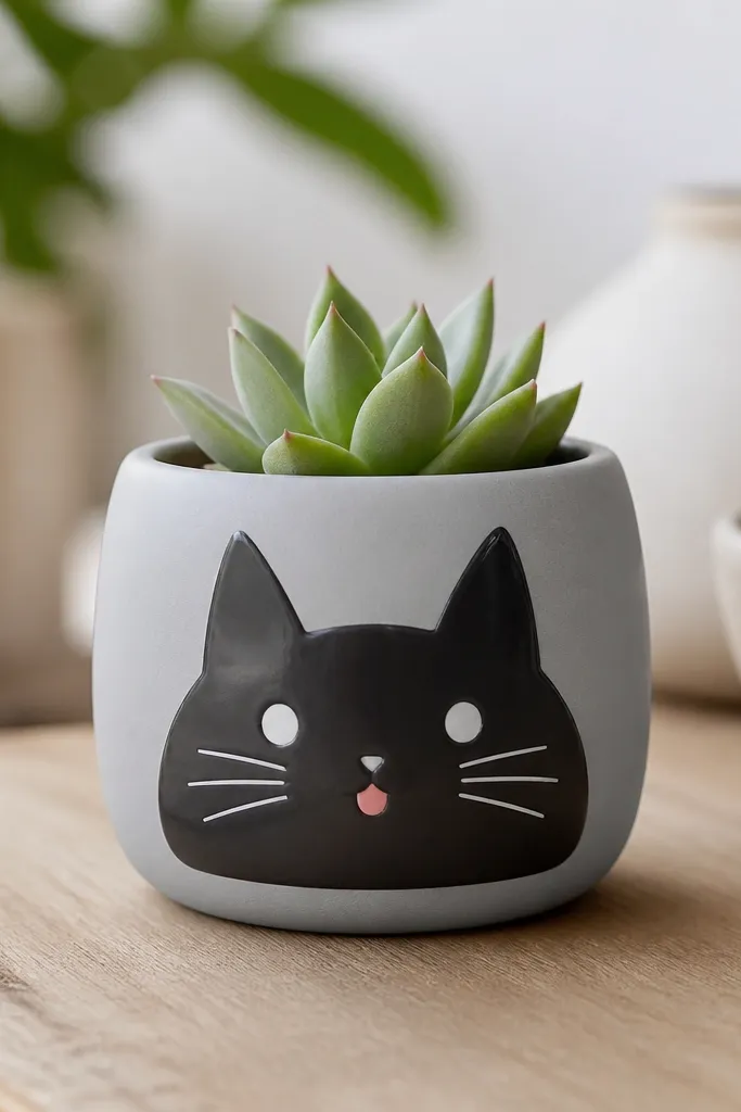 A mini pot with a matte light gray base and a cute black cat face: pointy ears, two white eye dots, a tiny nose, and whisker lines. A small pink tongue dot sits at the bottom smile, sealed under clear gloss.