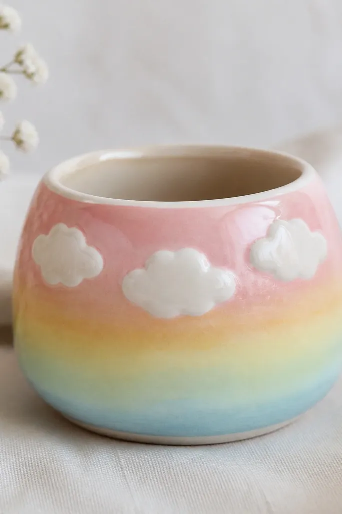A mini pot with a soft pastel rainbow wash across the middle (pink, yellow, mint, sky blue), and three fluffy white cloud shapes sitting on top. The clouds have slightly uneven edges for a cozy look, sealed with a glossy clear coat.
