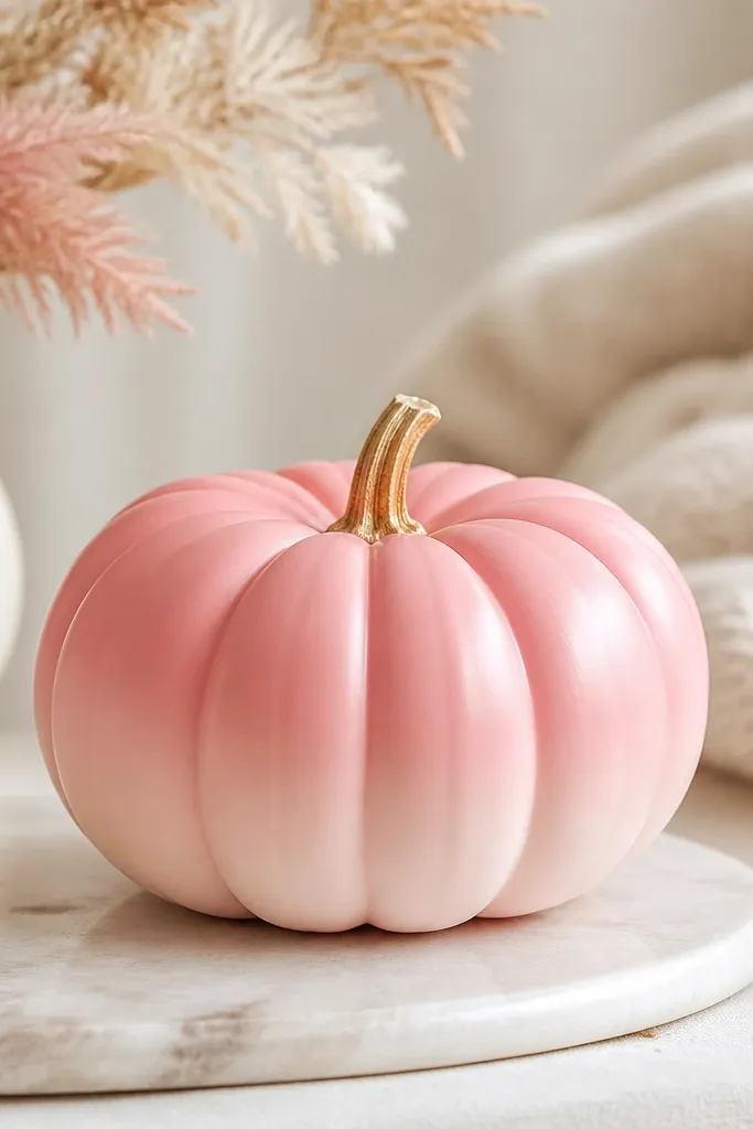 A small pink mini pumpkin with a smooth blush-to-pale-rose fade from top to bottom, no visible brush strokes, and a tiny matte clear coat sheen.