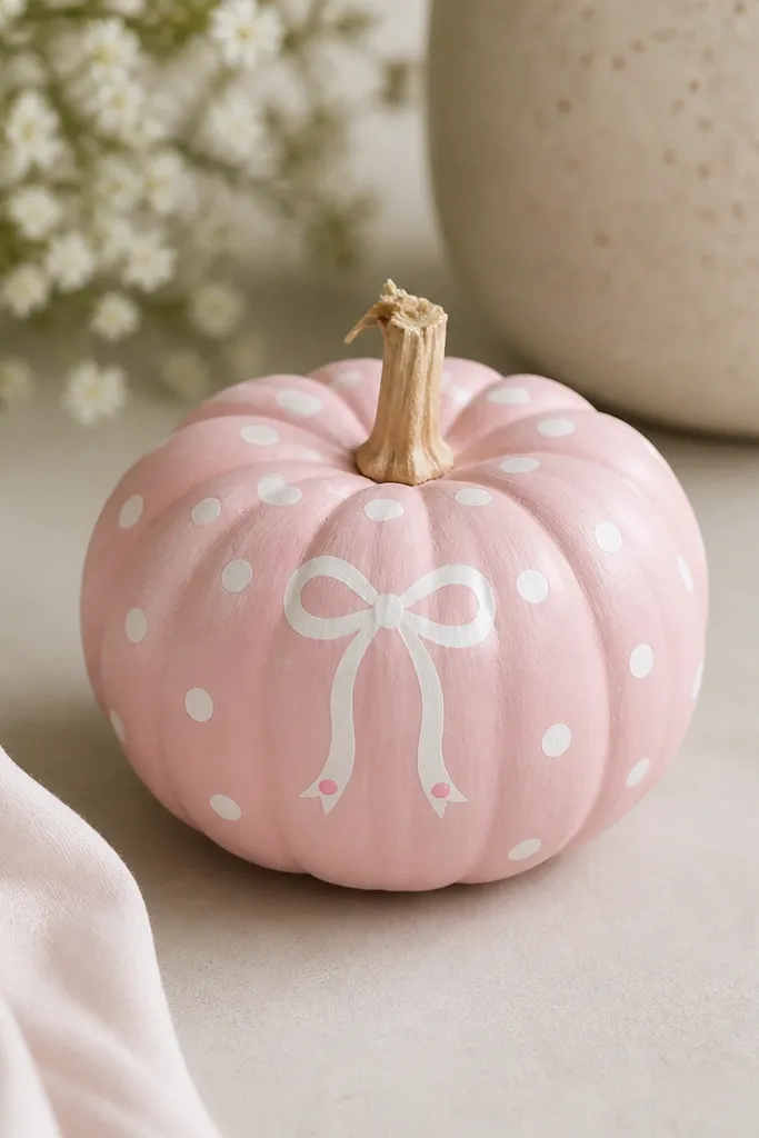 A mini pumpkin painted baby pink with evenly spaced white polka dots and a small white bow painted on the front, with two tiny pink dots at the bow tips.