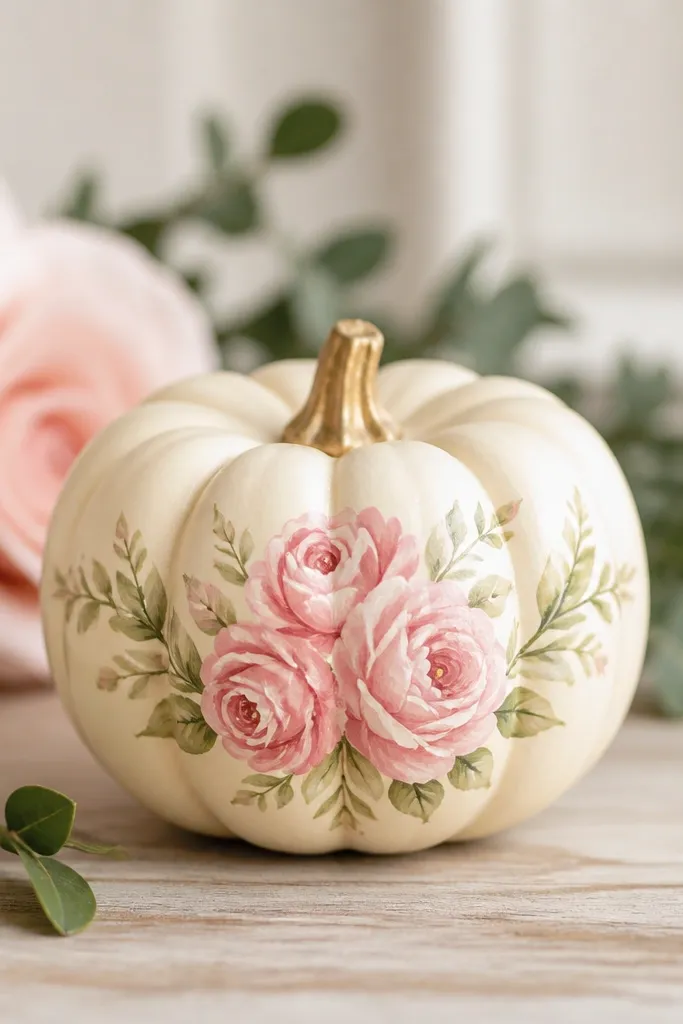 A mini pumpkin with a soft pink rose cluster on the front, small white highlights on petals, and tiny green leaves painted on the sides.