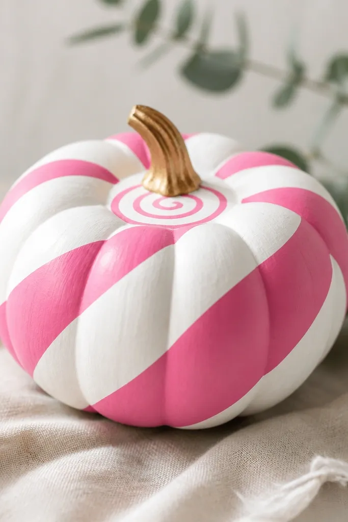A mini pumpkin painted white with thick diagonal pink stripes, crisp edges, and a small pink spiral highlight near the stem.