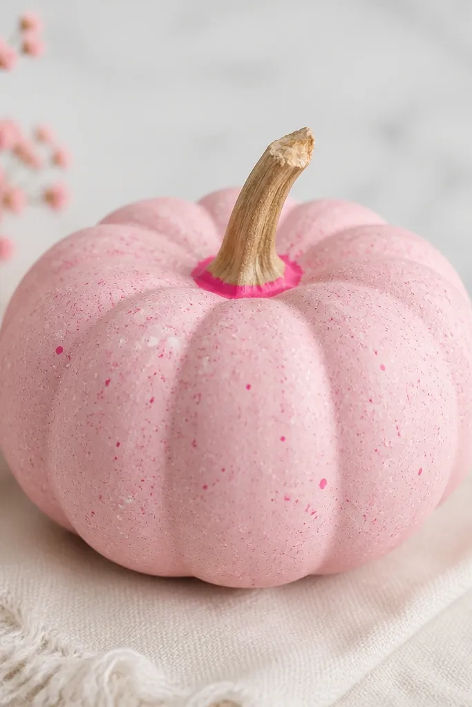 A mini pumpkin painted matte pale pink with a pattern of fine white and hot-pink speckles, plus a tiny band of bright pink around the stem area.