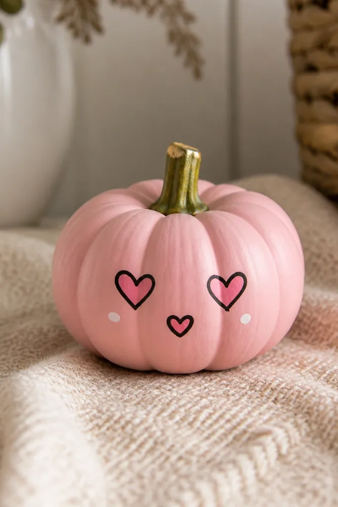 A mini pumpkin with a blush-pink face: heart-shaped eyes and a small heart mouth outlined in black, with tiny white highlight dots on the cheeks.