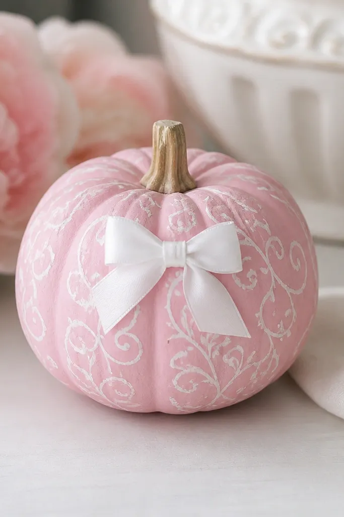 A mini pumpkin painted soft pink with faint white dry-brushed swirl lines forming a lace pattern, plus a small white bow on the front.