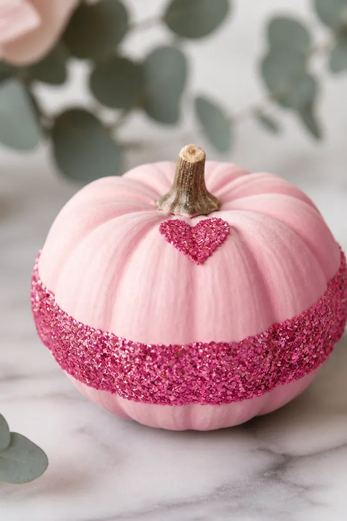 A mini pumpkin painted pale pink with a hot pink glitter band around the middle and a small glitter heart near the stem.