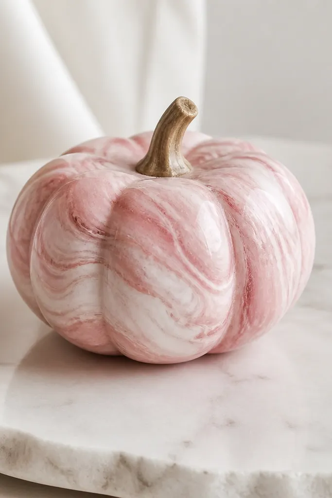 A mini pumpkin with a marbled look: pale pink base with swirling white and darker blush streaks, like a small piece of stone.