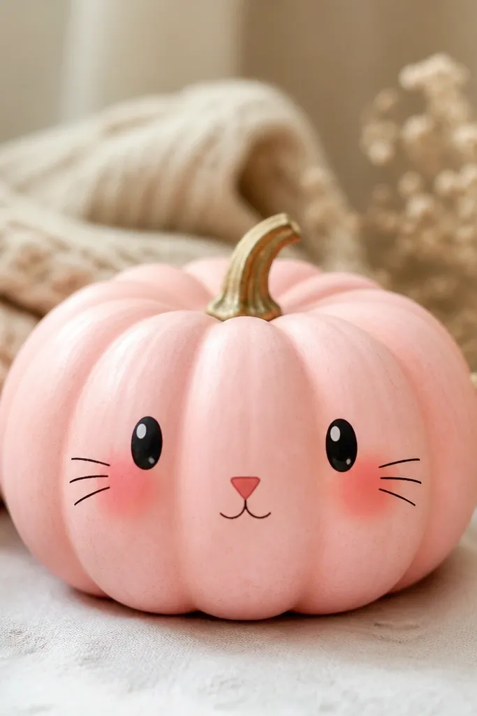 A mini pumpkin with a blush-pink face, tiny whiskers on each side, a small triangular nose, and black oval eyes with white highlights.