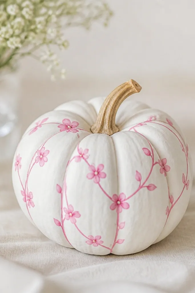 A mini pumpkin painted white with pink vine lines wrapping around it and small five-petal flowers spaced along the vines.