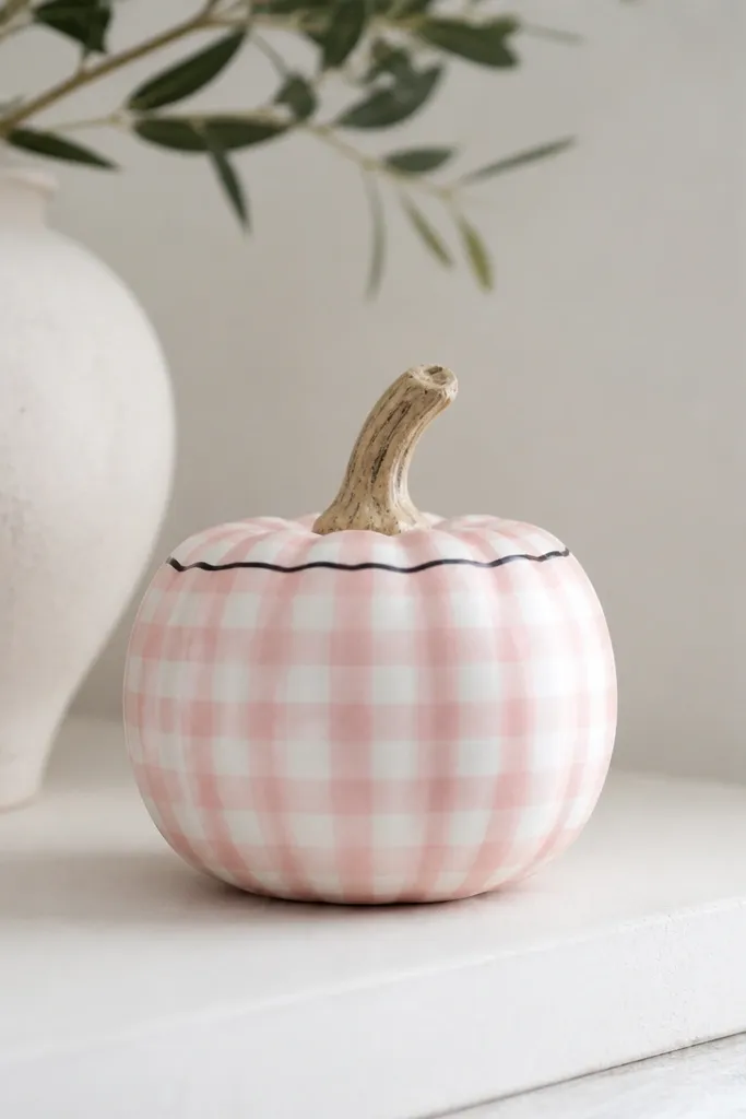 A mini pumpkin with a pale pink and white gingham pattern in small squares, plus a thin black line around the top edge.