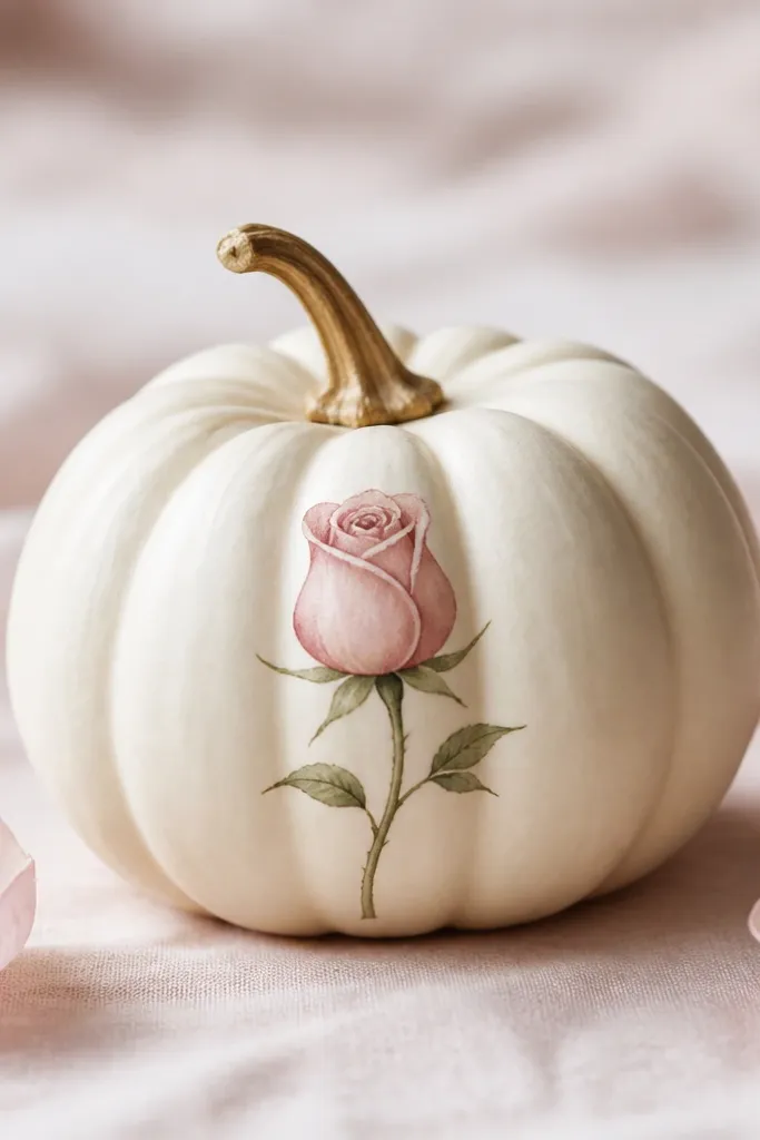 A mini pumpkin with a single rosebud painted on one side, with a few petals showing, plus a soft shadow effect in darker blush under the petals.