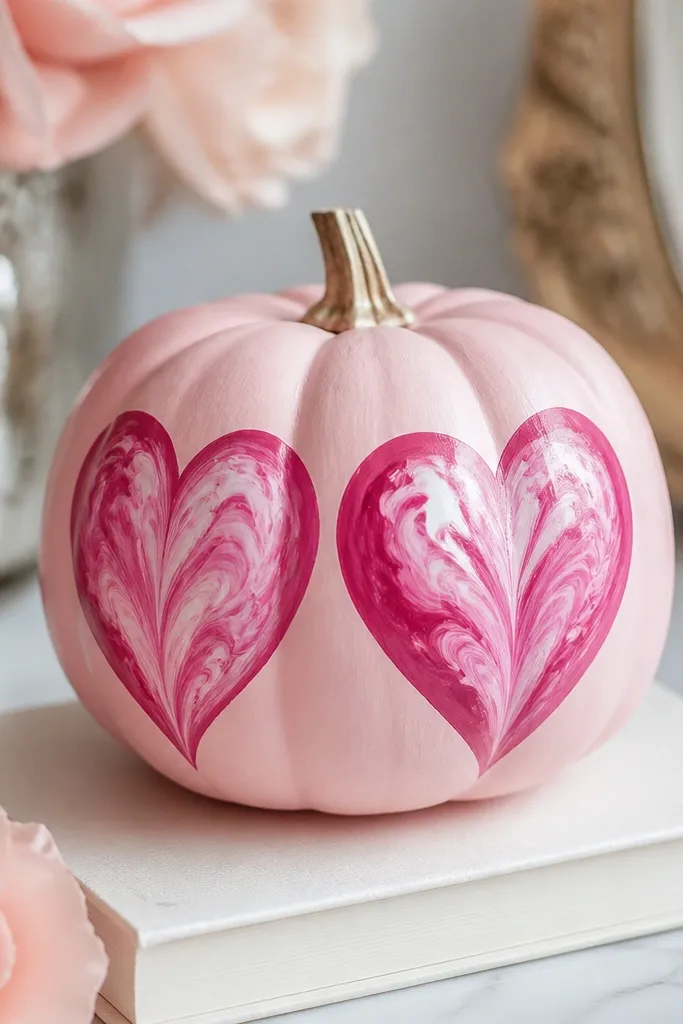 A mini pumpkin with a blush base and two marbled heart shapes painted on the front, using white swirls and darker fuchsia edges.
