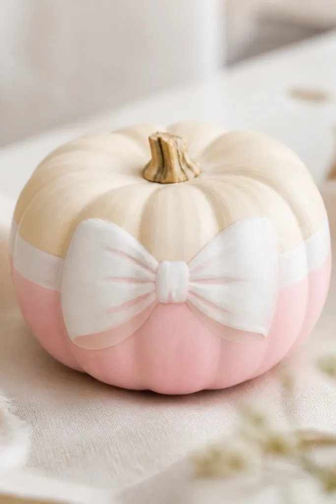 A small mini pumpkin painted a soft pastel fade from pale cream on the top to powder pink at the bottom, with a white bow tie painted across the front. The bow has two slightly raised loops and a tiny center knot, plus thin light-pink shadow lines under the bow for depth.