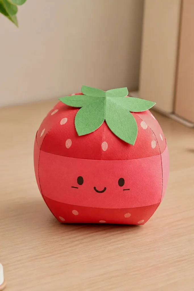 A small paper strawberry candy squishy sitting on a desk. The outside is red cardstock with a lighter red wrap band, green paper leaves on top, and tiny white dot highlights. The front has a simple face made from black marker lines, and the squishy looks smooth and slightly puffed.