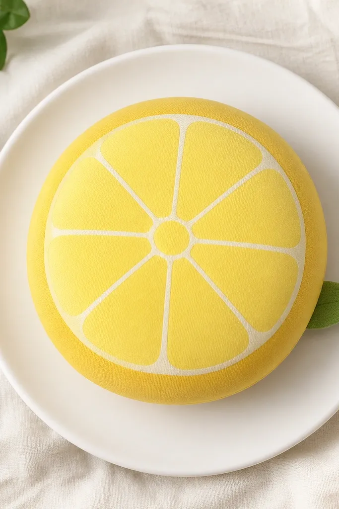 A flat-looking but puffed lemon slice squishy. It has a bright yellow center circle, a slightly darker yellow ring for the rind, and thin white marker lines like citrus segments. The edges are rounded and smooth, with a small bit of green paper peeking like a leaf.