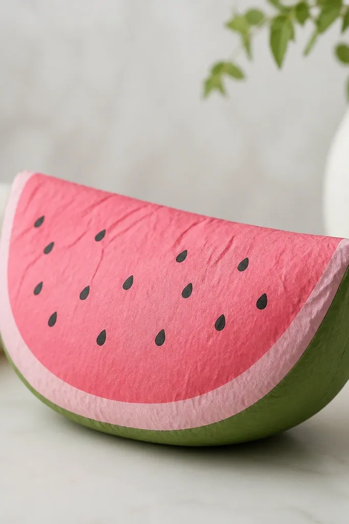 A paper watermelon wedge squishy with layered colors: green rind on the outside, pale pink middle, and a darker pink inner band. Black seed dots are scattered across the pink area, and the shape has a soft puff along the front.