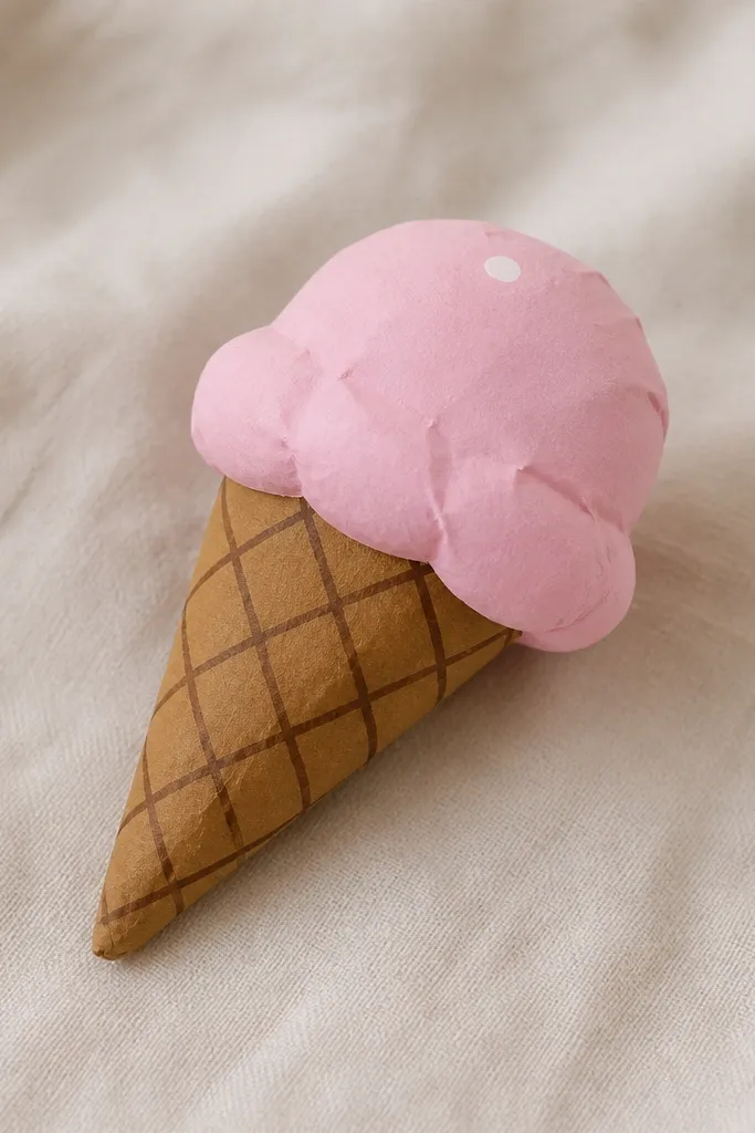 A cone-shaped paper squishy with a brown waffle cone and a pale pink scoop. The cone has crisscross lines drawn in darker brown marker, and the scoop has a soft puff. A tiny white highlight dot sits on the scoop.