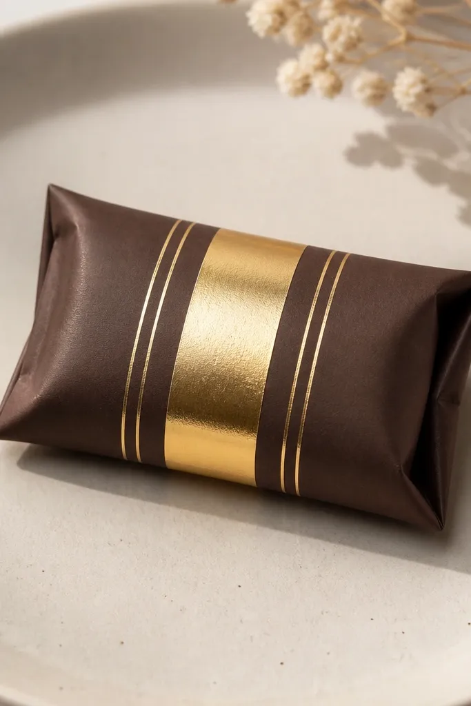 A small paper chocolate bar squishy with a brown wrapper. The wrapper has a shiny-looking metallic gold strip and a few thin vertical foil lines. There are two fold creases on the sides and a slightly puffed center.