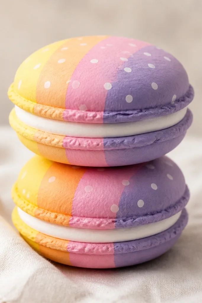Two stacked paper macaron squishies with pastel shells and a creamy filling layer. The top shells are layered in rainbow colors: yellow, orange, pink, and purple, with small white dots. The filling looks like a pale cream band between the shells.