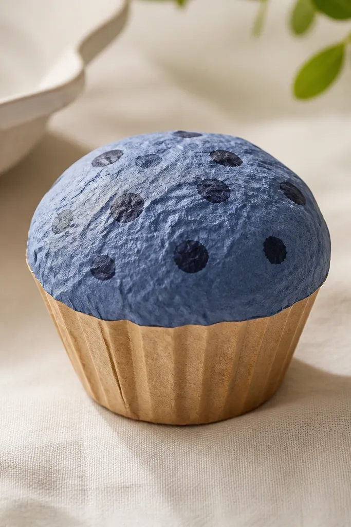 A mini muffin squishy made from paper. The top is domed and textured with darker blue "berries" drawn as dots, and the wrapper is tan. The muffin top looks puffed and slightly rounded.