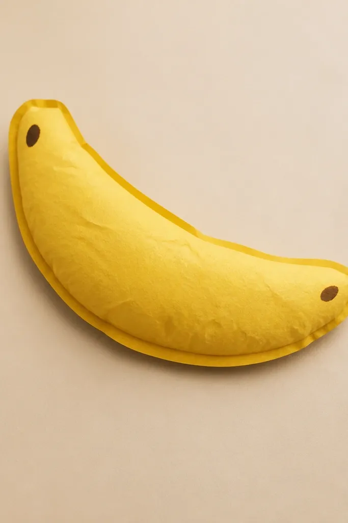 A curved banana slice squishy. The banana is yellow paper with a slightly darker yellow edge, and it has two small brown "peel spots." The shape is puffed in the center and sits flat on a background.