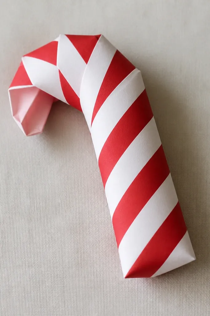 A candy cane squishy made of striped paper folded into a pocket shape. The outside is white with red diagonal stripes, and the inside is a pale pink or white. The cane looks slightly puffed and has small folded ends.