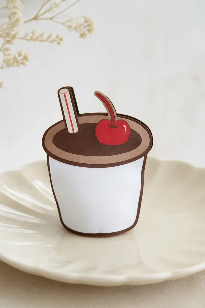 A tiny paper cup squishy with a dark brown liquid top and red cherry paper on top. The cup is outlined in darker brown and has a light brown rim. A small straw is visible, also made of paper.