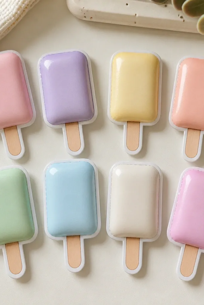 A set of popsicle paper squishies that look like stickers. Each one is a small rectangular popsicle with rounded edges, pastel colors, and a paper stick. The surfaces are smooth and slightly puffed, like a sticker that you can squeeze.