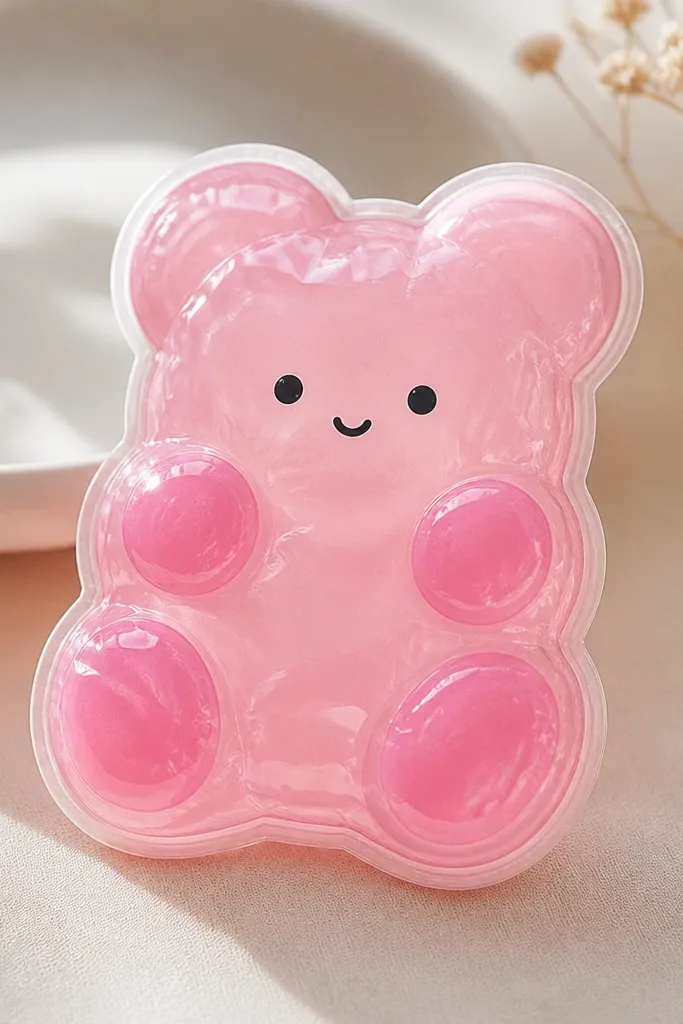 A gummy bear shaped paper squishy with a rounded bear outline. The outside is translucent-looking pastel pink, with darker pink paws. The face has tiny black eyes and a small smile, and the bear looks puffy.