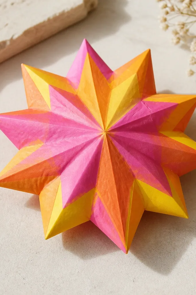 A paper starburst candy squishy. It has triangular points and layered color sections in bright yellow, orange, and pink. The front looks slightly creased like folded candy, with a puffed center.