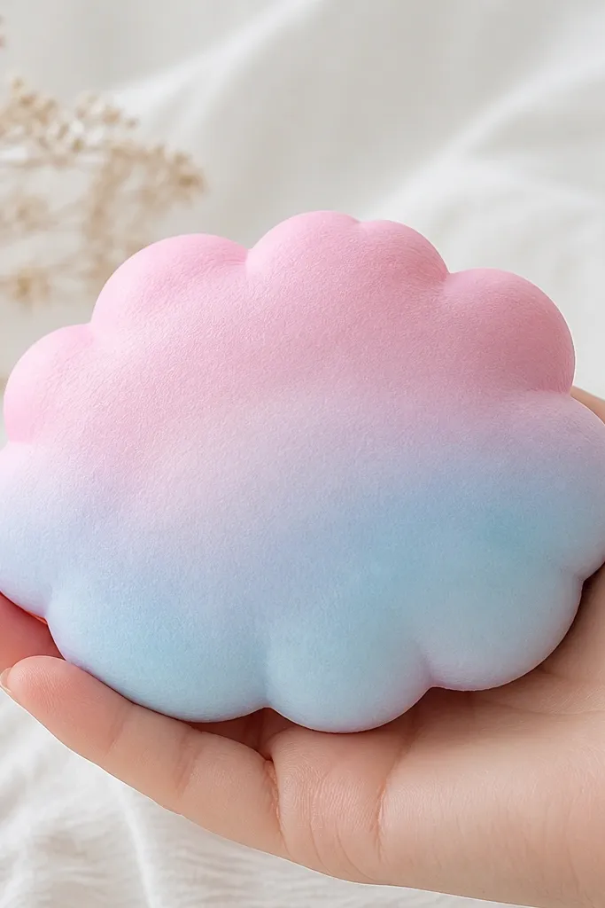 A cloud-shaped cotton candy squishy made from pastel pink and light blue paper. The cloud edges look fluffy because of small rounded cutouts. The center is puffed and the surface has a soft gradient.