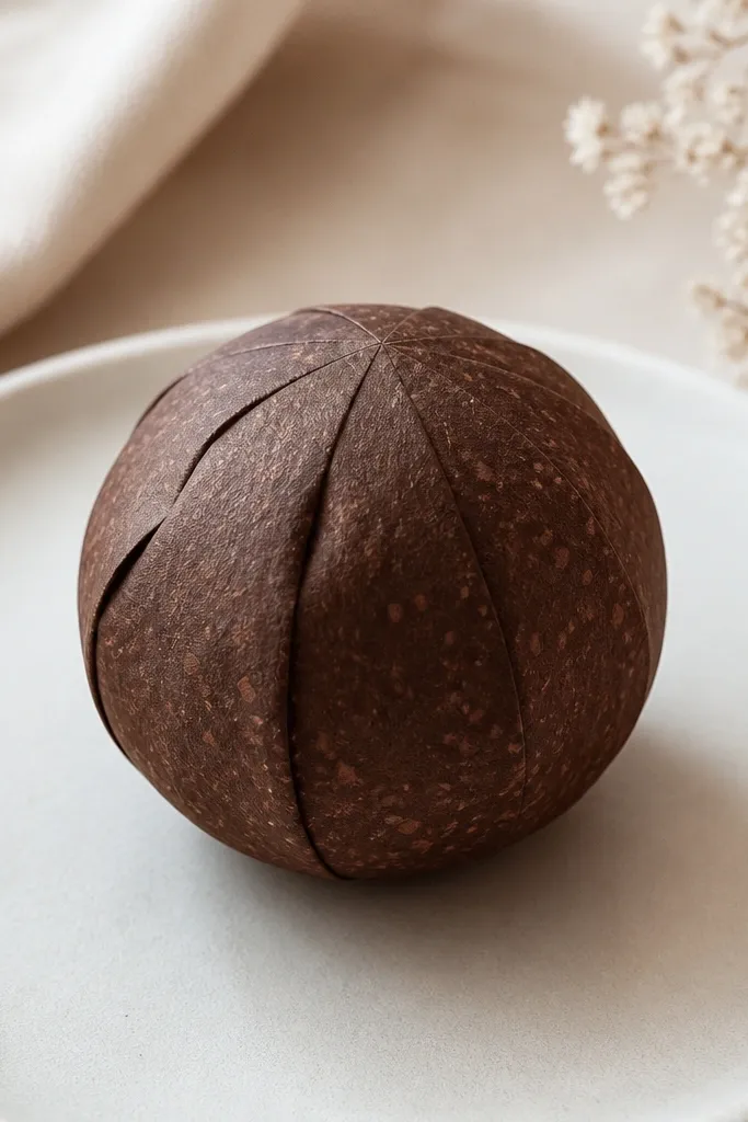 A small round paper truffle squishy. The outside is dark brown cardstock with a speckled look made from lighter brown dots. It sits like a ball and has a soft, rounded puff.