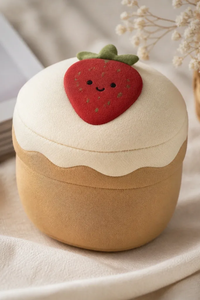 A paper shortcake cup squishy with a tan cup, a pale cream top layer, and a red strawberry cutout. The strawberry has small green seeds dots and a tiny face. The cup looks puffed in the middle.