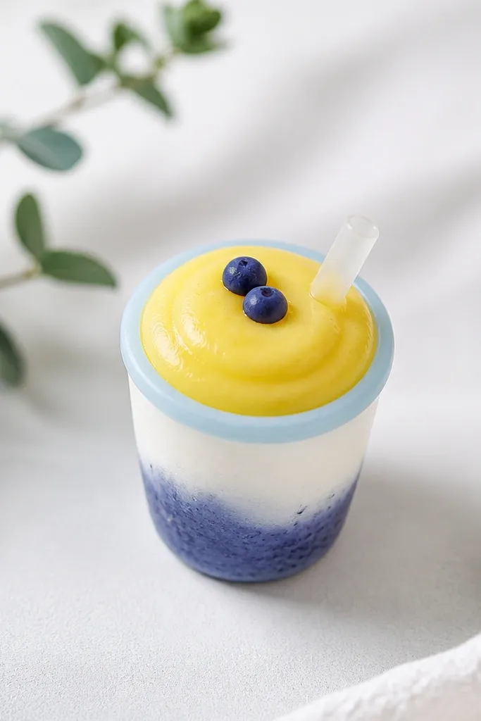 A small mini cup squishy with a yellow lemonade top and a blue berry layer. The cup is white with a light blue rim, and the top has a layered look. A tiny straw and two blueberry dots are visible.