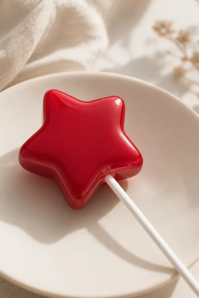 A star-shaped lollipop squishy with a cherry-red top. The star has five points, and the surface is glossy-looking red with a tiny highlight dot. A thin paper stick is attached at the back.