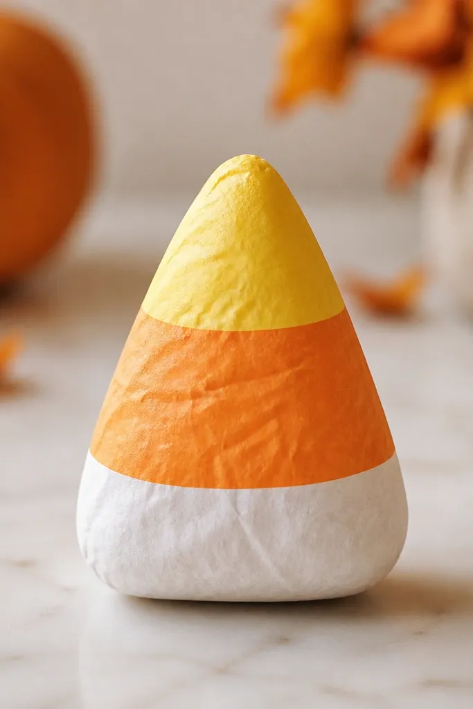 A candy corn shaped paper squishy with three color bands: yellow top, orange middle, and white bottom. The edges are crisp and the center looks puffed. It sits upright like a small candy corn piece.
