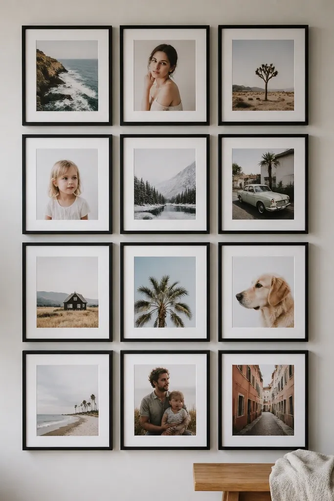 A straight 3x4 grid of matching black frames on a light gray wall. Each frame has a white mat border around a portrait photo, with even 1/2 inch spacing. The collage is centered and photographed from standing height.
