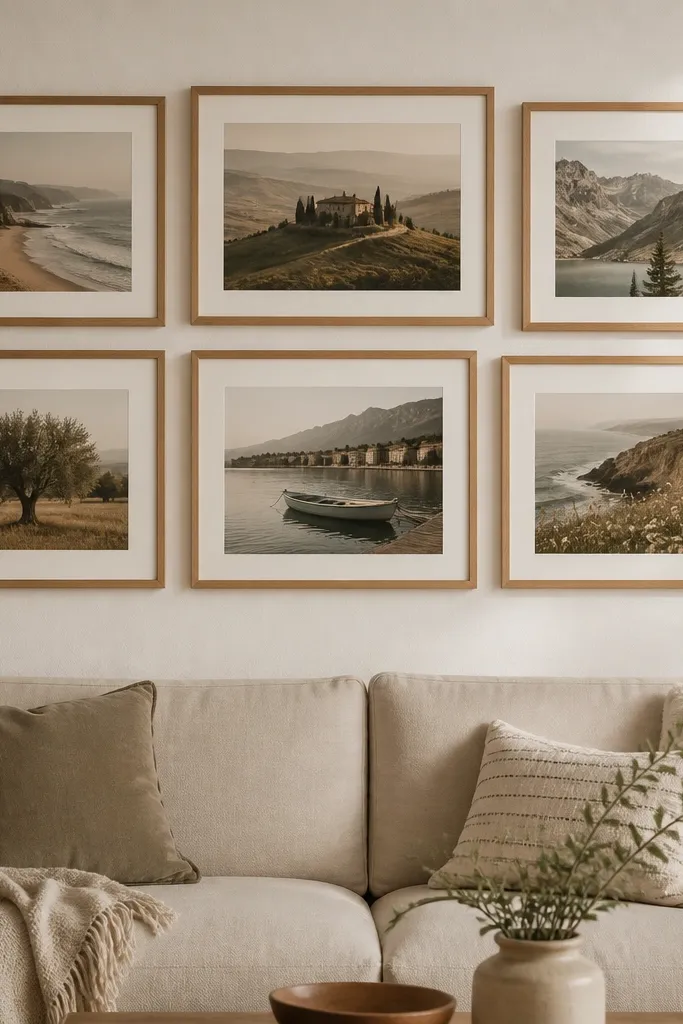 Six warm wood frames arranged in a loose 2x3 layout. Each frame contains a cream mat border and a landscape photo with muted tones. The collage sits above a beige couch on a light wall.