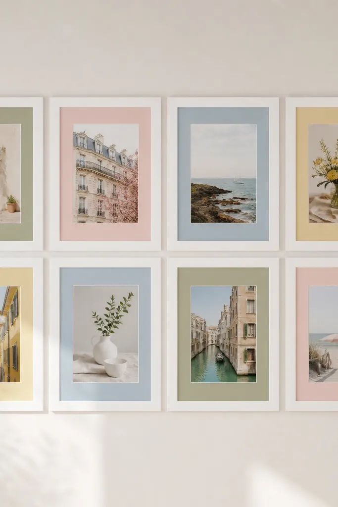 A neat 4x2 collage of white frames. Each frame has a pastel mat in different colors (sage, blush, powder blue, butter yellow) while photos vary in subject. The wall is off-white and the collage is hung straight.