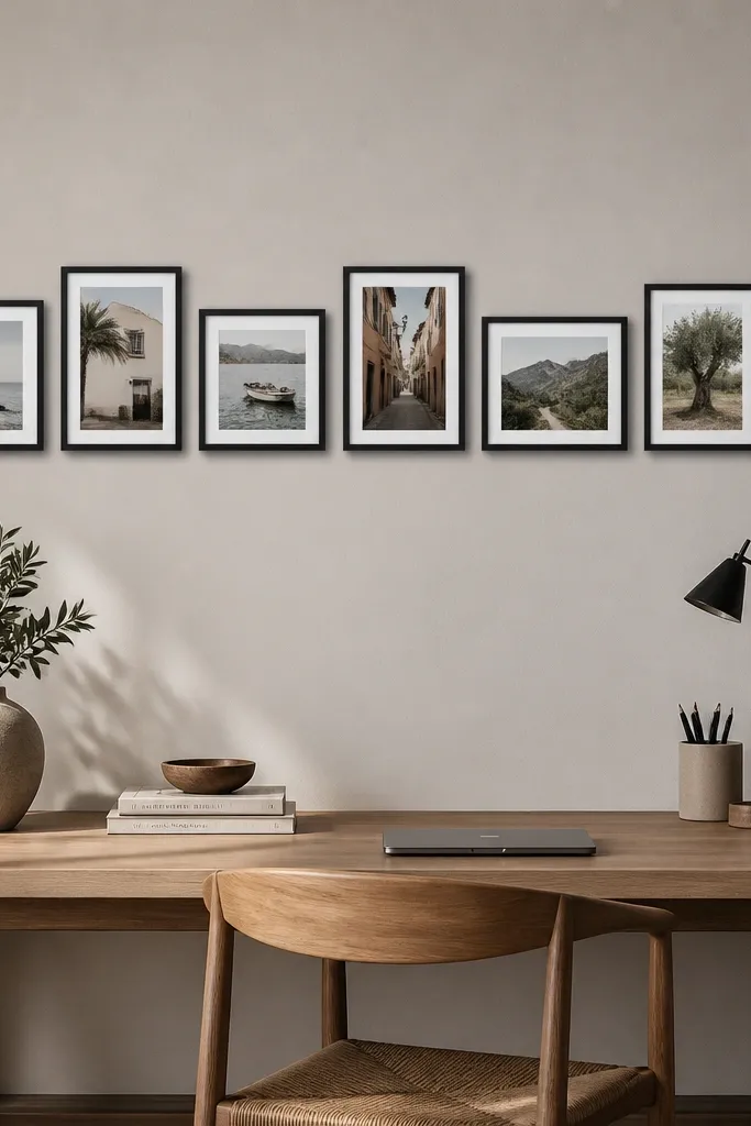 A horizontal strip of 7 frames with different photo orientations and slight size differences, all in matching black frames. Some photos are landscape, some are portrait. The strip is centered above a desk.