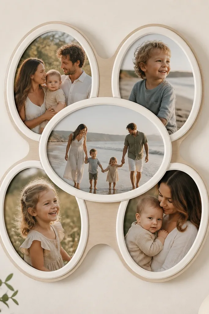 A collage made from five oval frames clustered like a window. The frames are white with thin borders, and each holds a different family photo. The background board is light wood, and the cluster sits on a cream wall.