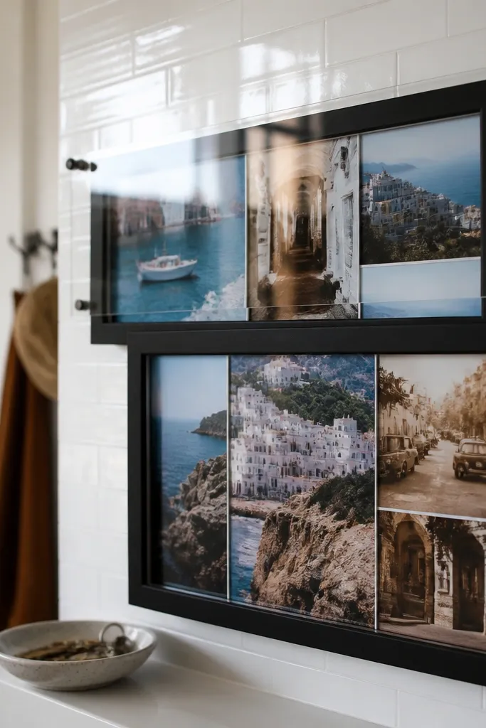 A layered collage where photos sit behind clear acrylic sheets inside frames. The images have a glossy look and catch light. The frames are matte black and spaced evenly.