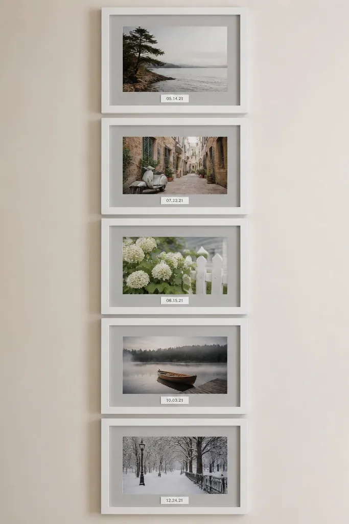 A 5-frame vertical collage with each frame showing a photo and a small printed date tag at the bottom in a simple sans-serif font. Frames are white with gray mats.